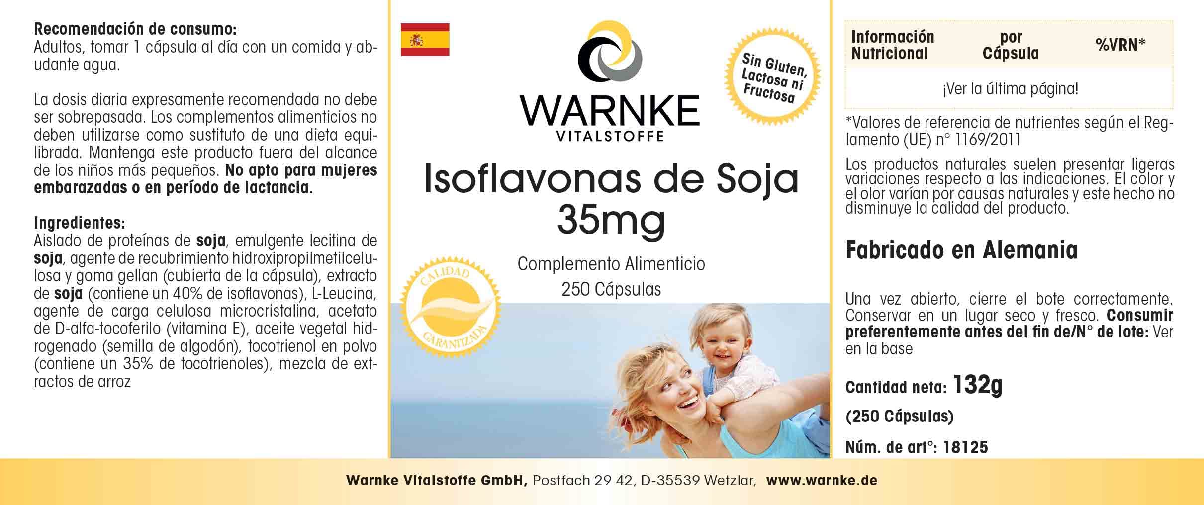 Isoflavoni di soia 35mg - Per la menopausa - 250 Capsule - Con vitamina E | Warnke Vitalstoffe - Qualità da farmacia tedesca
