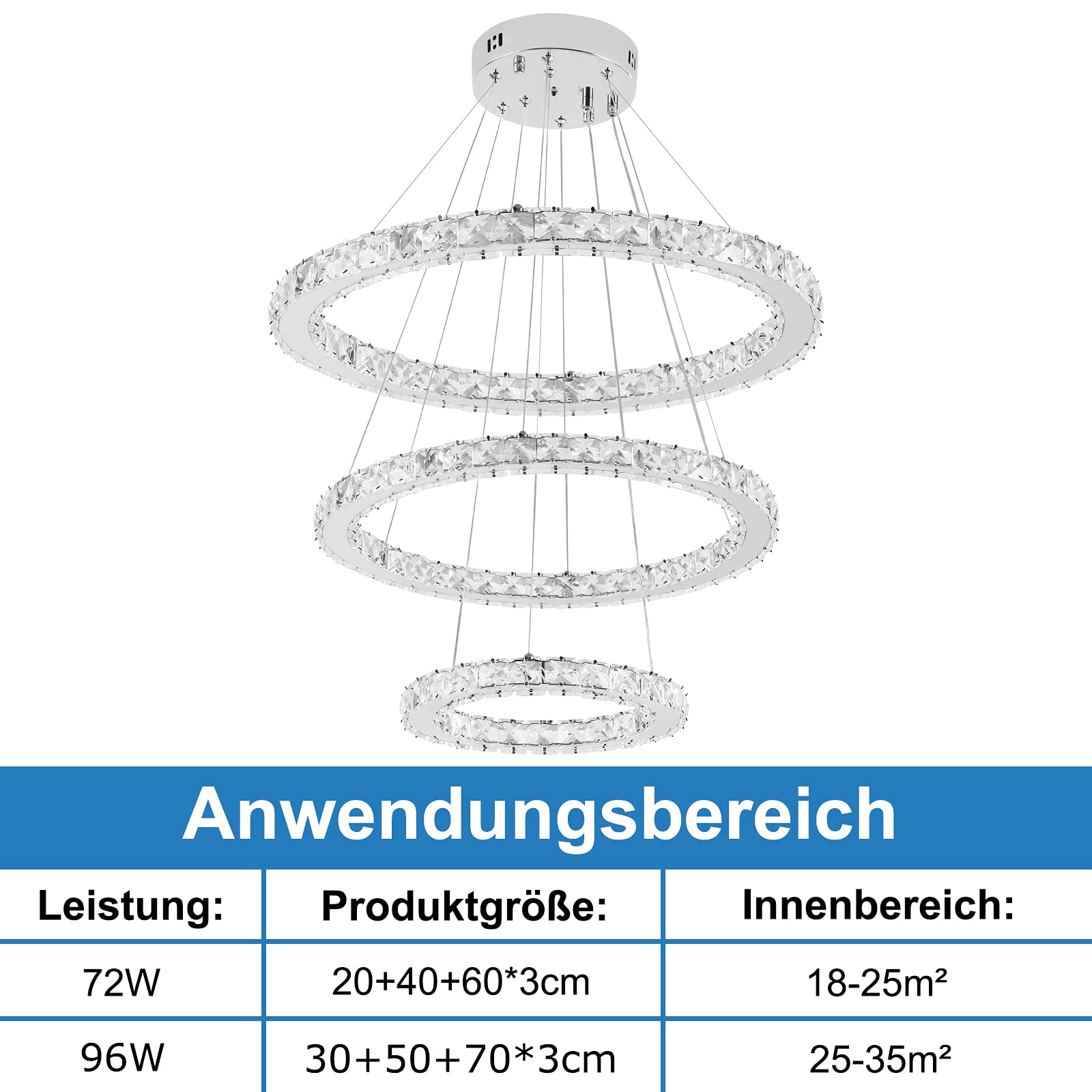 UISEBRT 96W Lampada a Sospensione Moderna Cristallo - Lampadario Creativo Regolabile in Altezza Lampada da Soffitto Tre anelli Cucina Salotto Camera da letto, Dimmerabile