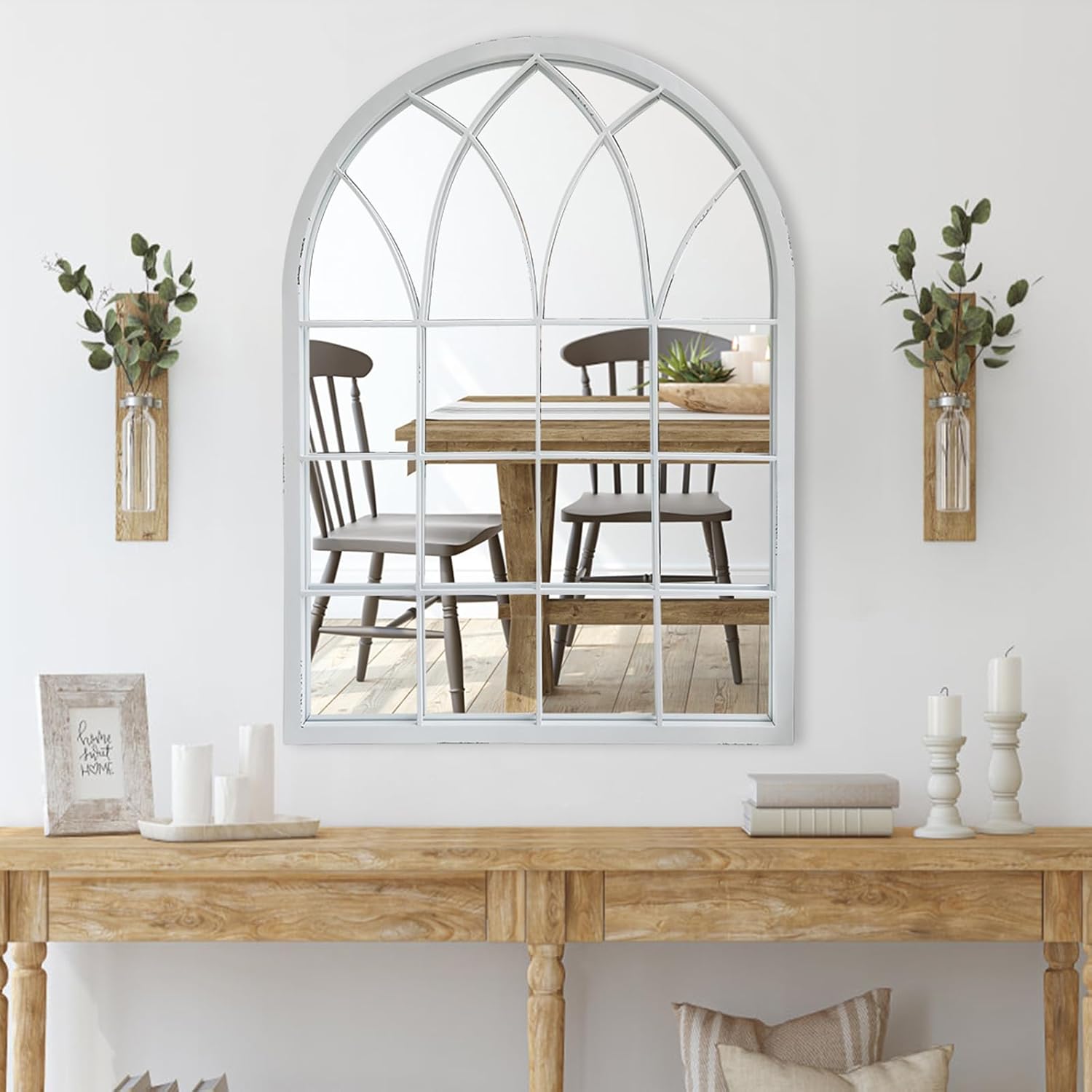 Arched Window Wall Mirror, Cathedral Style, Distressed White, 35 Inch Farmhouse Grid Windowpane Mirror for Living Room Fireplace Entryway Bedroom Bathroom