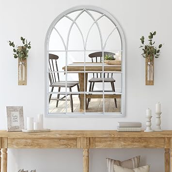 Arched Window Wall Mirror, Cathedral Style, Distressed White, 35 Inch Farmhouse Grid Windowpane Mirror for Living Room Fireplace Entryway Bedroom Bathroom
