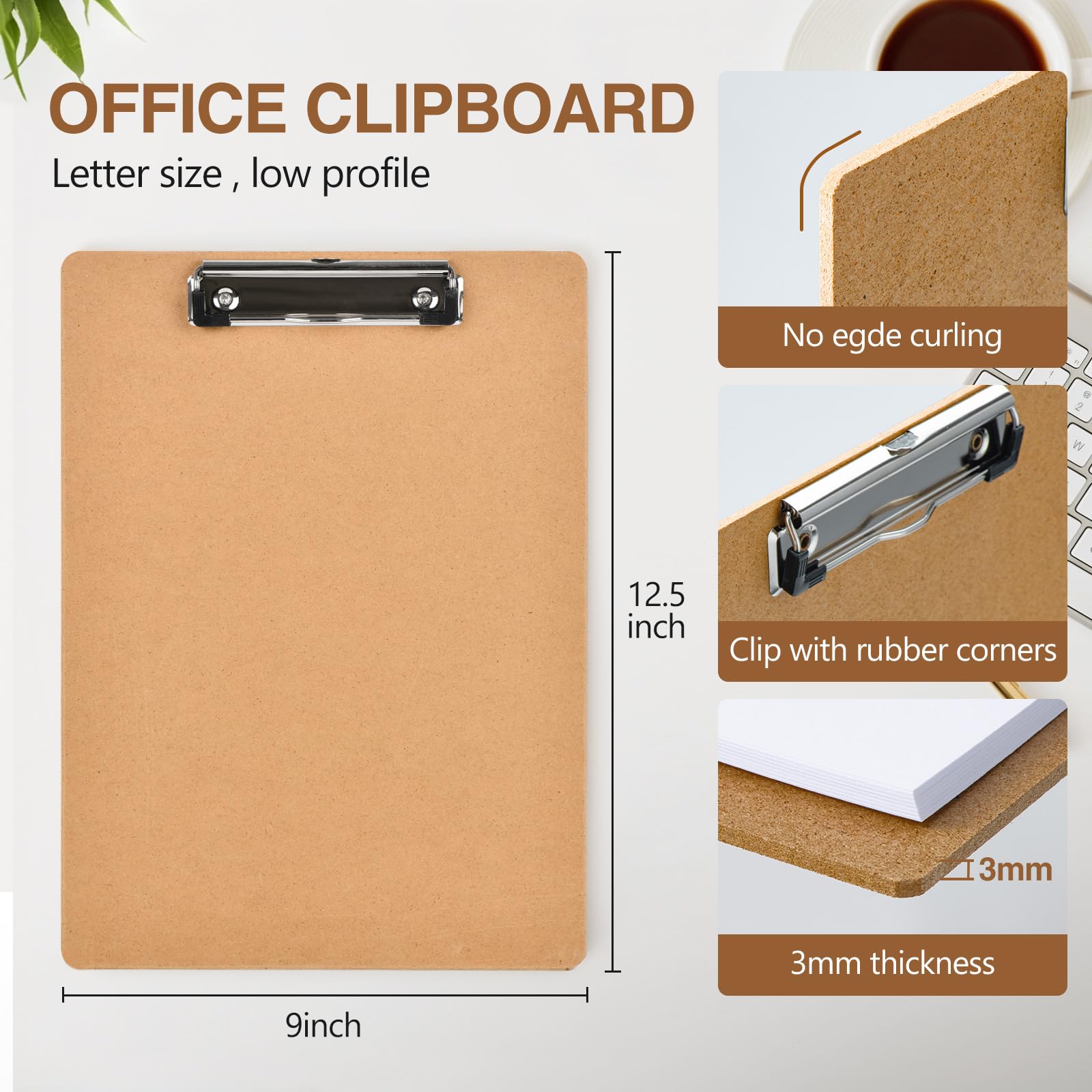 16 Pack Clipboards Letter Size Eco-Friendly Wood Hardboard 9" x 12.5" for A4 Paper Low Profile Clip with Hang Tab for Office School - Image 2