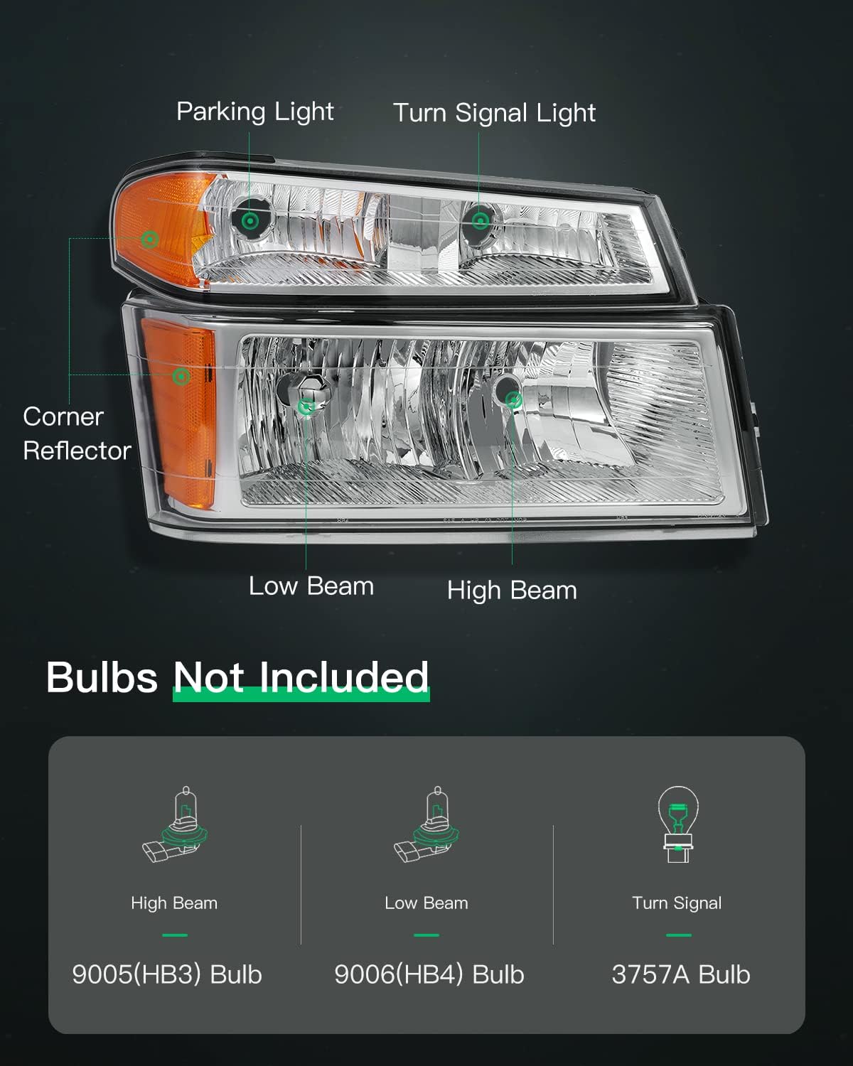 LSAILON Headlight Assembly Replacement Fit 2004-2012 For Chevy Colorado 2004-2012 For GMC Canyon 2006 For Isuzu i-280 i-350 Chrome Housing Amber Reflector Driver and Passenger Side