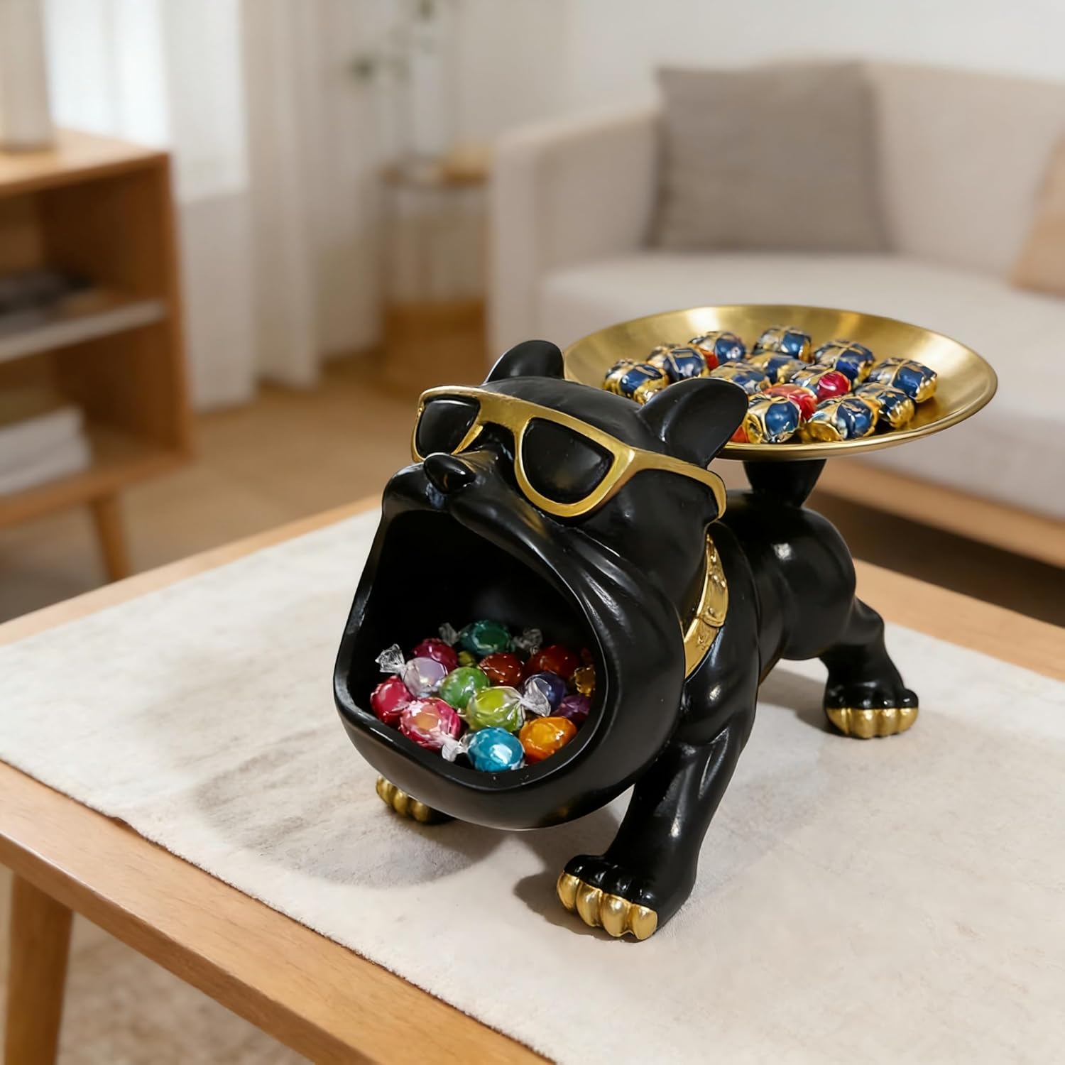 Resin French Bulldog Tray Statue, Bulldog Candy Dish Key Holder Bowl, French Bulldog Accessories, Statues for Office Desk Home Decor Figurines Entryway Table Decor (Black)