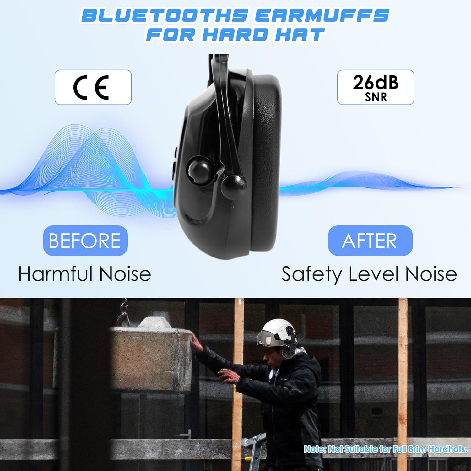 Hard Hat Bluetooth Ear Muffs, CE EN352-1 SNR 26db Bluetooth Earmuffs, Ear Protection With Bluetooth For Calls,Music,Hearing Protection