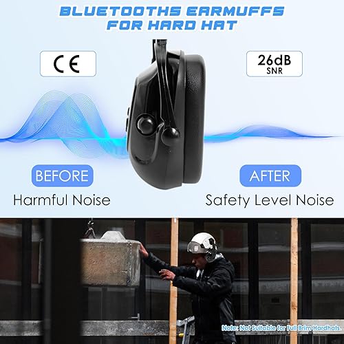 Miniatura 6 de Aolamegs Orejeras con Bluetooth para casco duro, NRR de 26 db, con cancelación de ruido, orejeras para llamadas, música, protección auditiva (no