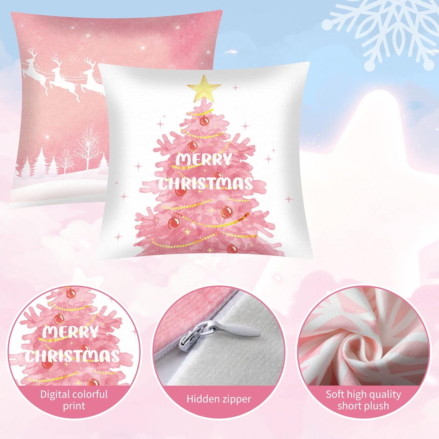 Tatuo 8 Pieces Pink Christmas Throw Pillow Covers 18 x 18 Inch Snowflake Reindeer Pillow Cases Christmas Tree Snowflake Covers Cushion Pillowcase for Sofa Bed
