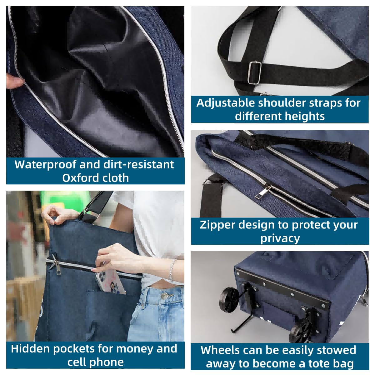Faltbare Einkaufstasche mit Rollen, Expandierbare Tragbarer Einkaufstasche, Klappbarer Shopping Trolley, Wiederverwendbarer 2 in 1 Faltbarer Einkaufstrolley Groß
