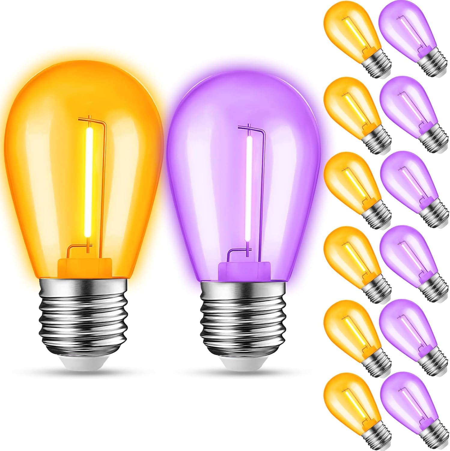 JAHEKS 12-Pack Orange Purple String Light Bulbs, Patio String Light Replacement Bulbs for Outdoor Indoor, 1W E26 Base S14 LED Bulbs for Christmas Halloween,Holiday,Home Decor(6 Orange + 6 Purple)