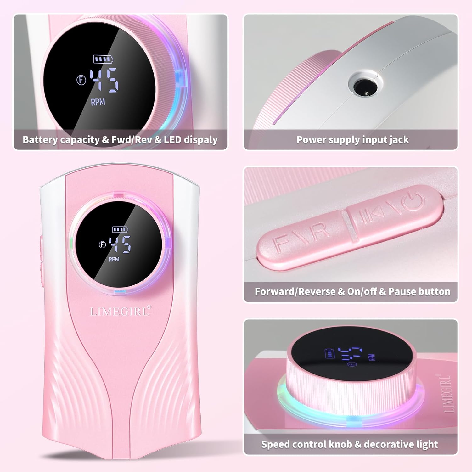 Professional Rechargeable Electric Nail Drill Kit 40000 RPM Portable E Nail File Nail Filer Electric Machine for Acrylic Nails Cordless Nail File for Polishing,Shaping,Removing Gel Nails Efile (Pink)
