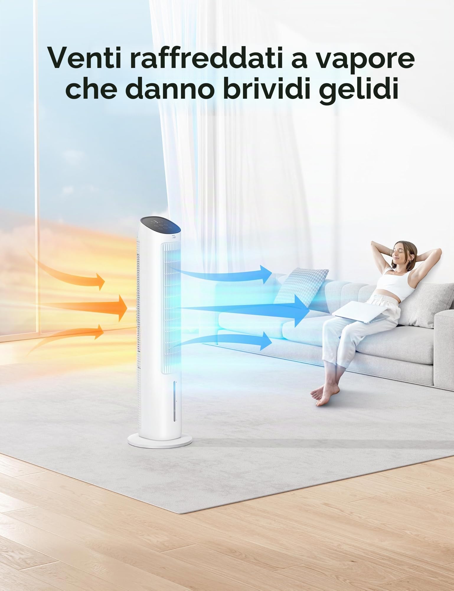 Dreo Ventilatore a torre con raffreddamento silenzioso, ventilatore con raffreddamento ad acqua, 40 pollici, refrigeratore evaporativo con funzione girevole a 80°, 3 modalità, 4 velocità, telecomando