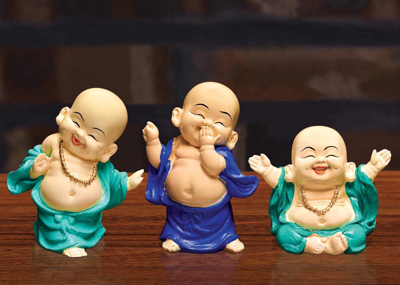 Karigaari India Handcrafted Resin Little Sitting and Dancing Buddha Showpiece/Idols for Home Decor (Turquoise Green, Standard) Set of 3