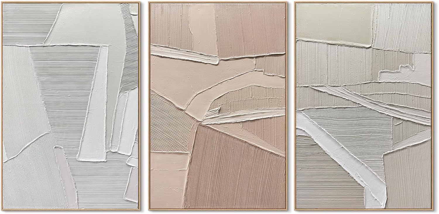SAFERRYHOME Abstract Neutral Textured Wall Art Hand Painted, 3D Minimalist Wall Decor Framed, Large Modern Earth Tone Artwork Thick Texture Painting for Home, Office, Living Room, 24"x36"x3