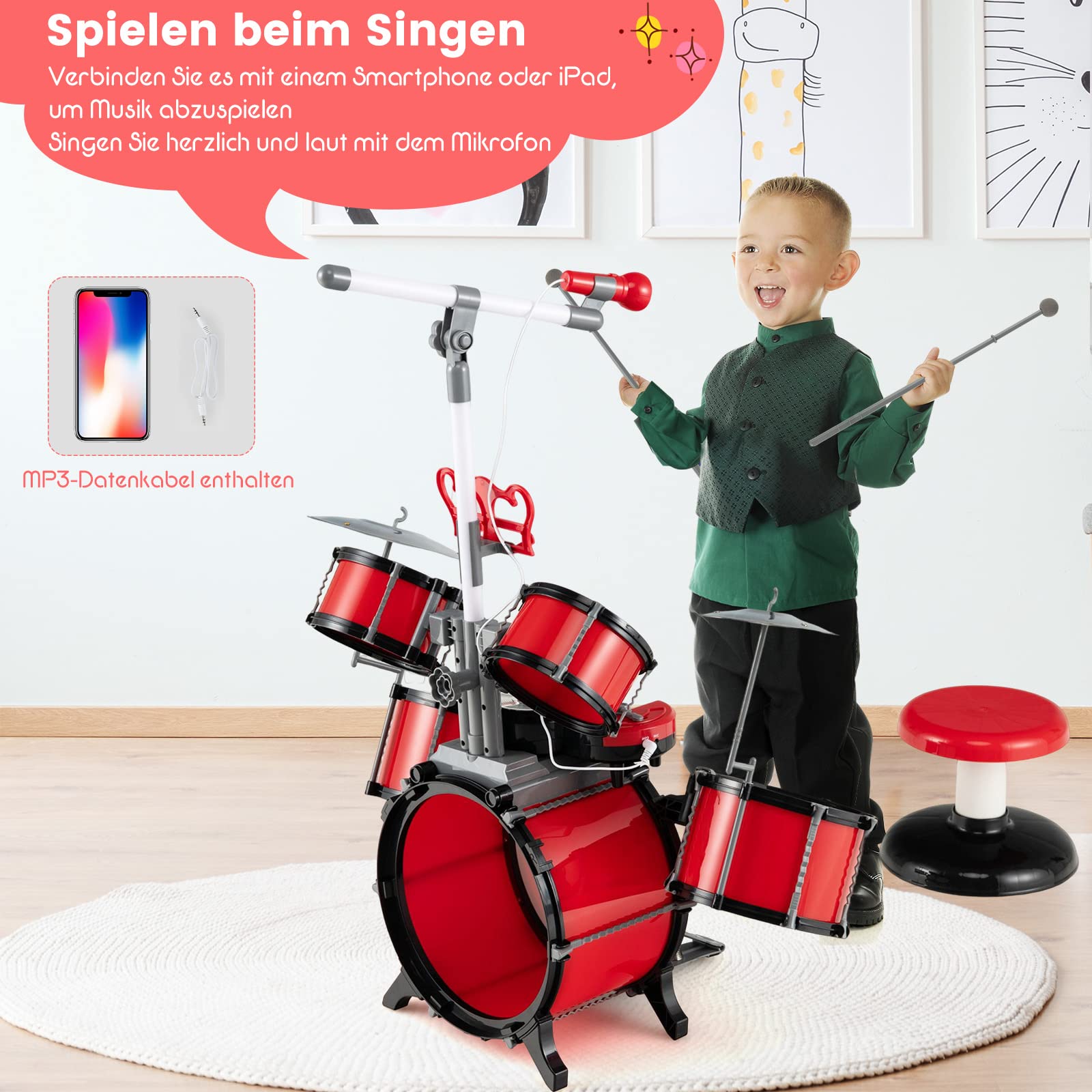 GOPLUS Dziecięcy zestaw perkusji elektronicznej, perkusja jazzowa z mikrofonem, regał na książki, pałeczki perkusyjne, bębny, talerze, pedał podstawowy i taboret bębnowy, instrument muzyczny dla dzieci od 3 lat
