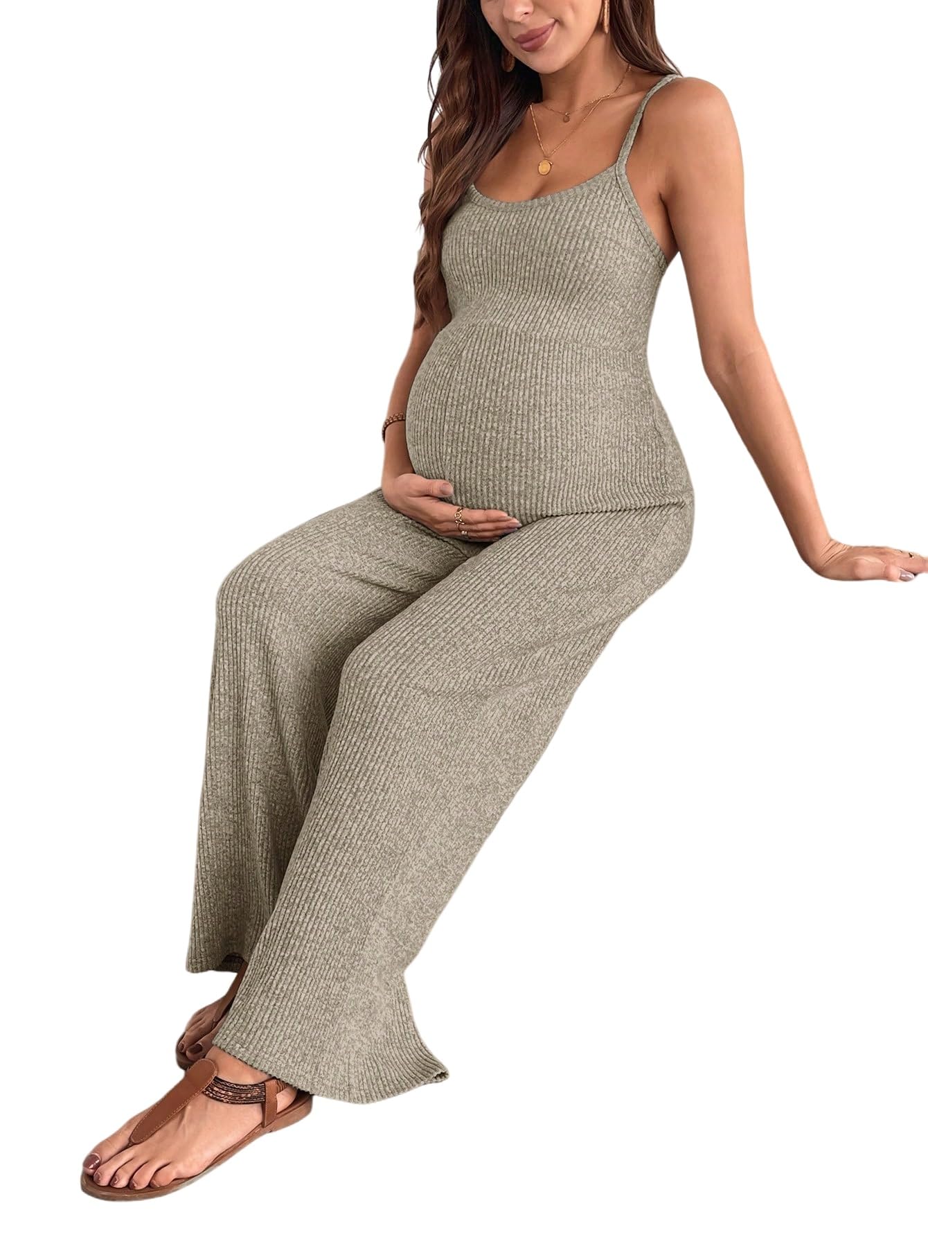 SweatyRocks Damen Jumpsuit für Schwangere Spaghettiträger Strick Overall Weite Partysuit Sommer Romper Hoseanzug Schwangerschafts Outfits