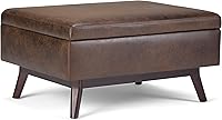 SimpliHome Owen 34" Lift-Top Storage Ottoman Coffee Table - Vegan Leather Mid-Century Modern Living Room Bench, Distressed Chestnut Brown
