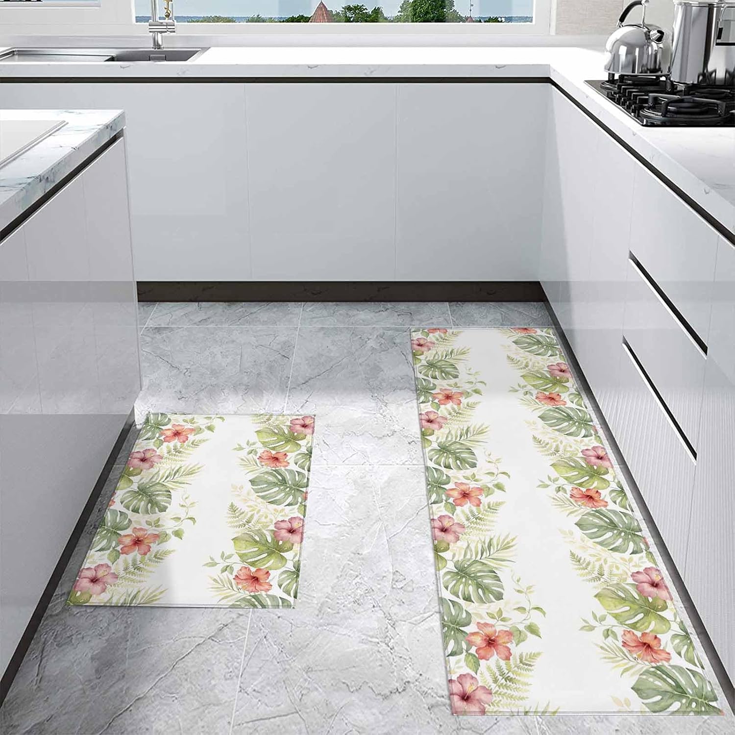 Kitchen Mats for Floor Summer Monstera Flower Herbs Plant Washable Non Slip Kitchen Rugs 2PCS, Watercolor Leaves Floral Absorbent Standing Mats for Sink Office Living Room 15.7x23.6in+15.7x47.2in