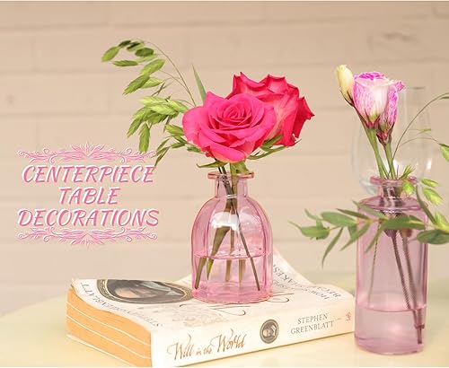 Miniatura 3 de Jarrón rosa, juego de 12 jarrones pequeños de vidrio rosa para flores, moderno jarrón de vidrio acanalado para decoración de boda, florero de flores