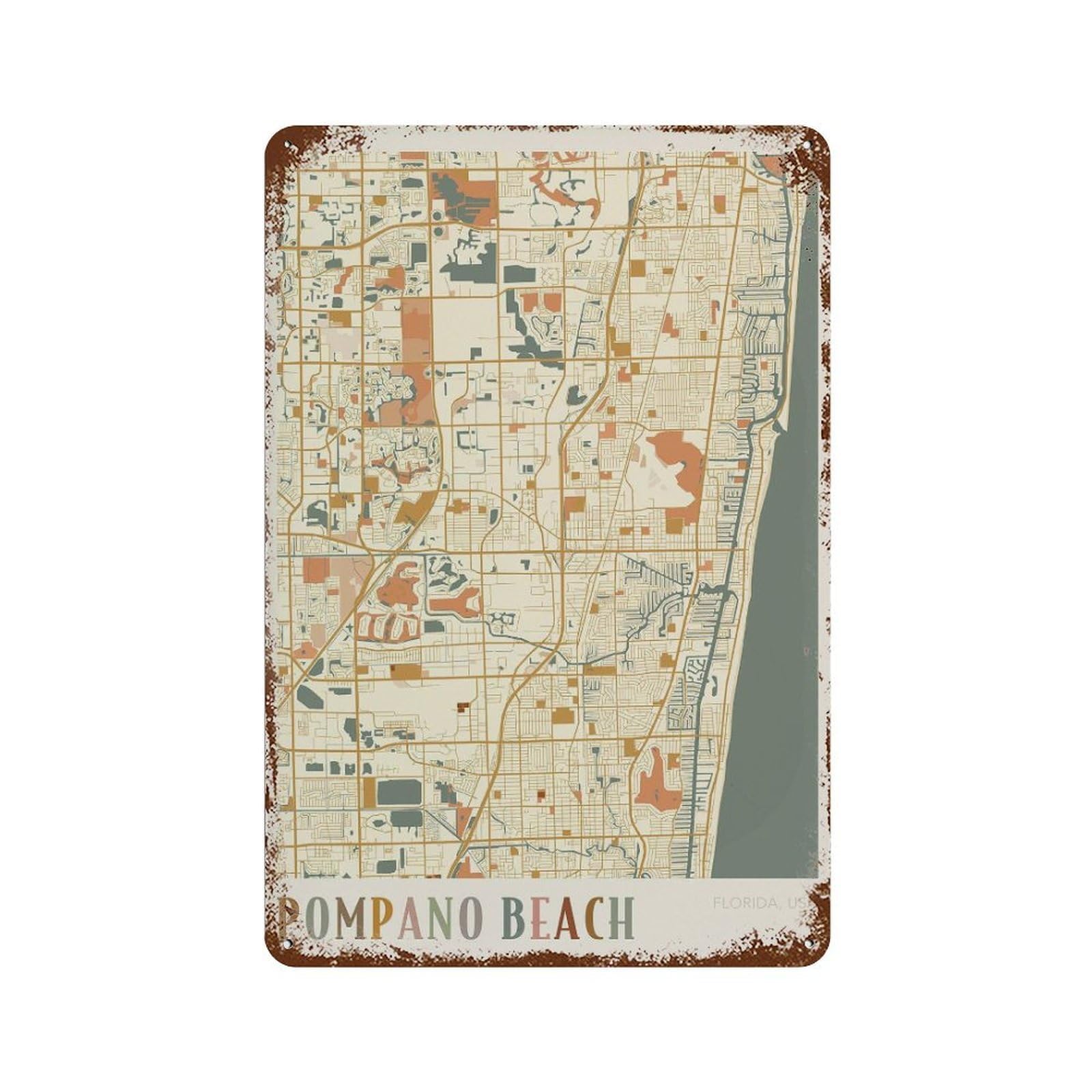 xiaoxiaoshen Pompano Beach Map Florida Travel Gift Boho Wall Decor Art Metal Tin Poster Modern Home Decor Art Home Bar Shop Decorations Vintage Sign 30x20cm