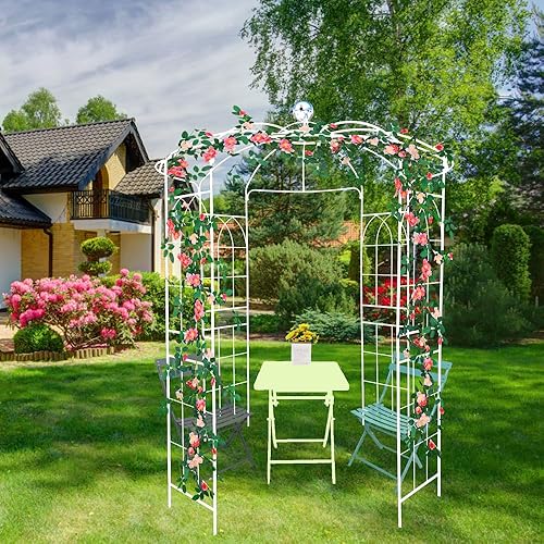 Arco de jardín de metal Arco de jardín cenador cenador diámetro 81.3 '' x 114.2 '' alto forma jaula pérgola pabellón para ceremonia de boda blanco