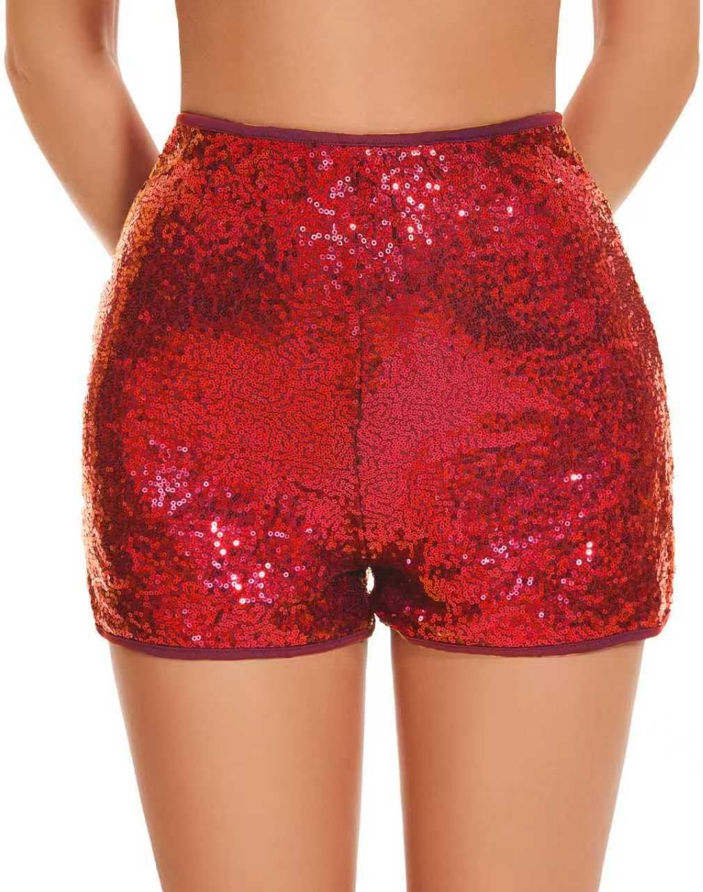 Vinaderhom Women's Sparkle Sequin Shorts Elastic High-Waisted Glitter Booty Shorts for Parties and Festivals