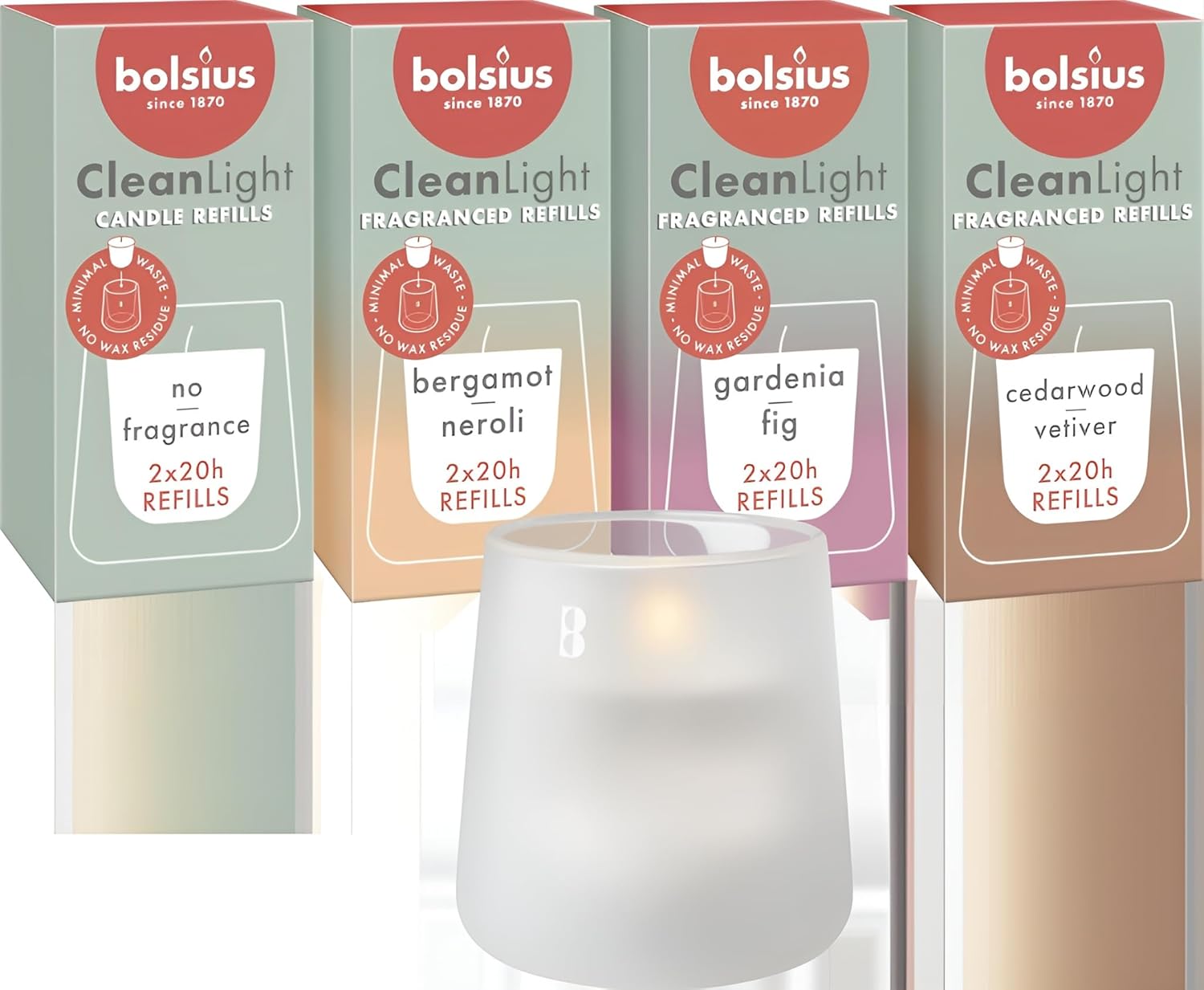 Bolsius - CleanLight Starter Set - Refillable Scented Candle - Holder & 9 Refills - Multiple Fragrances - White - Burn Time 20 Hours - Natural Plant Wax - Sustainable Concept