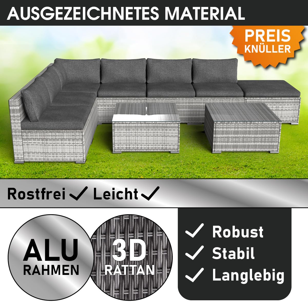 BRAST Gartenmöbel Lounge Set | 6-7 Personen viele Modelle & Farben | inkl. extra Dicke Kissen | Outdoor Loungemöbel Sitzgruppe Essgruppe Garnitur | Relax Grau