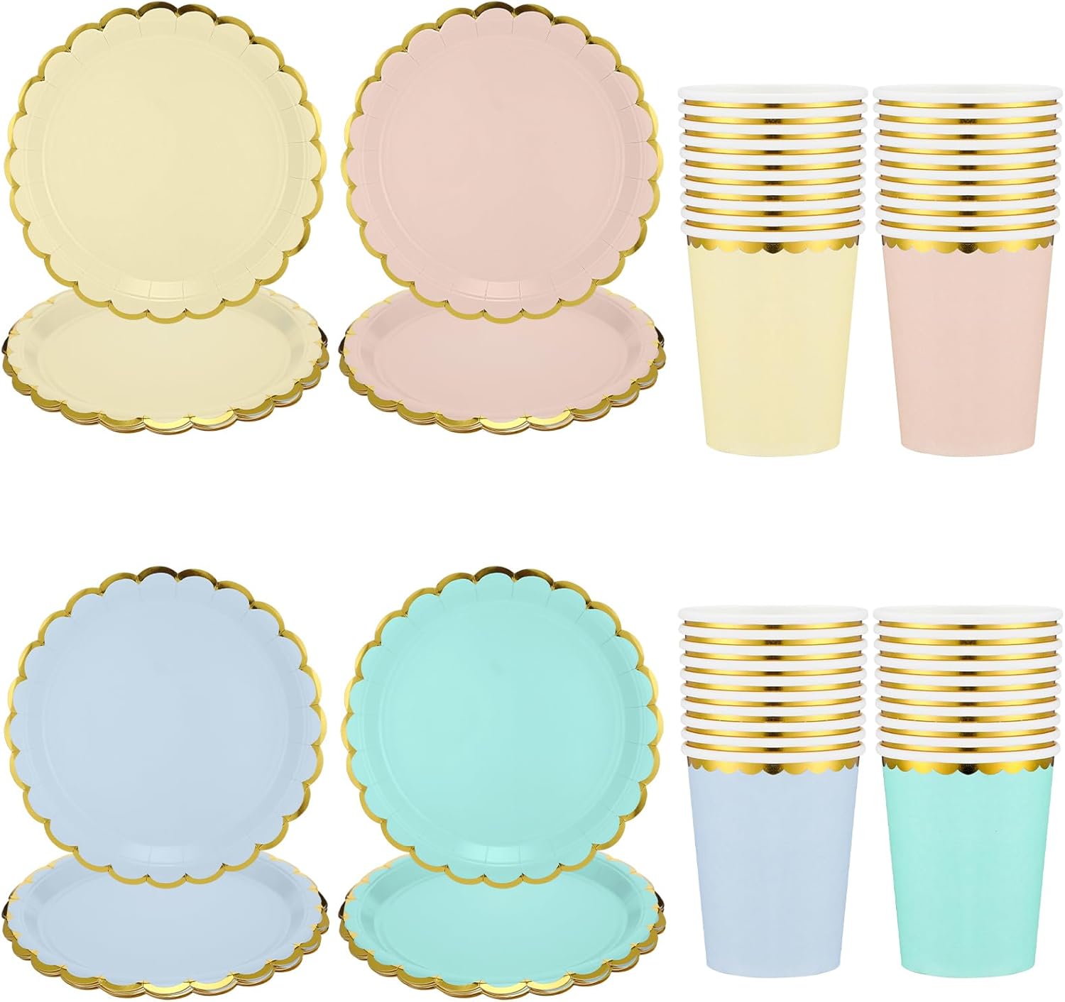 Uiifan 80 Pcs 9 in Pastel Scalloped Paper Plates Dessert Plates 9 oz Disposable Paper Cup with Metallic Gold Border Pastel Cup Disposable Dinnerware Set for Wedding Party Birthday (Multicolor)