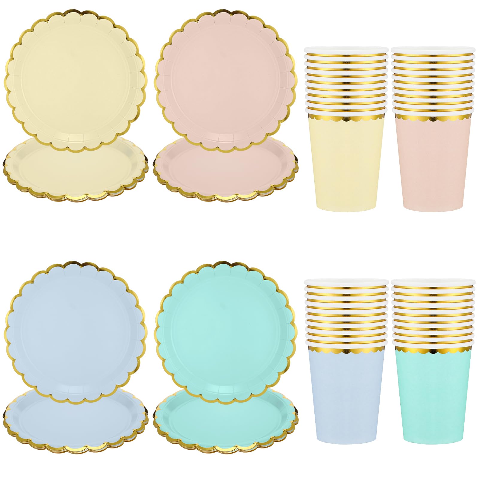 Uiifan 80 Pcs 9 in Pastel Scalloped Paper Plates Dessert Plates 9 oz Disposable Paper Cup with Metallic Gold Border Pastel Cup Disposable Dinnerware