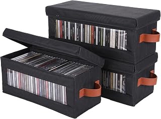 4 Pack CD Storage Boxes, CD Case Storages with Clear Window and Zip Lid, 15.8" × 6.1" × 5.3" Container Holds 120 CDs in Full Jewel Cases, Media Storage Rack for DVDs, CDs, Video Game Disks