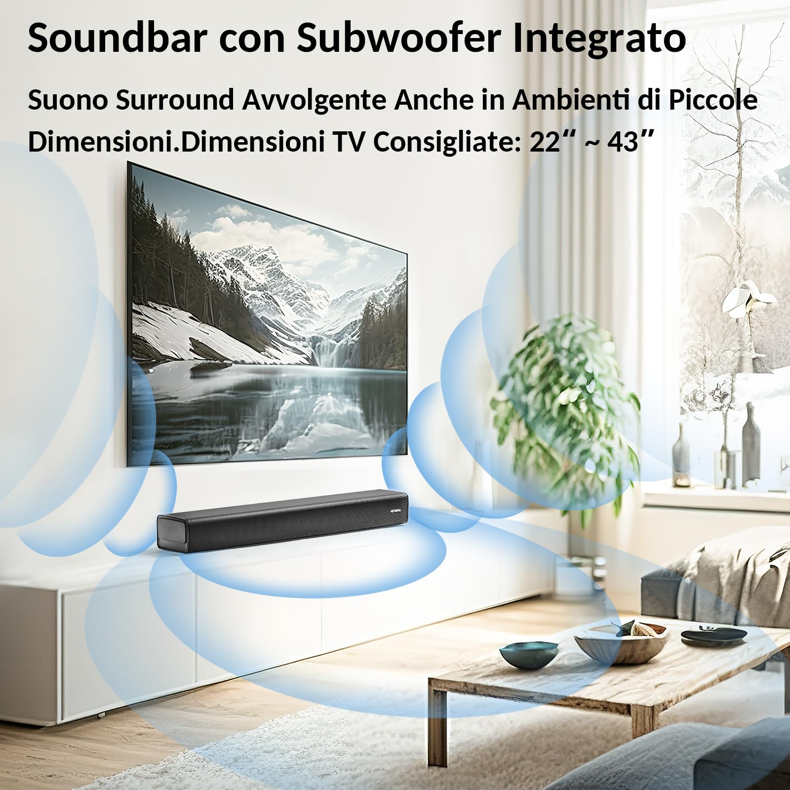 2.1ch Piccolo Soundbar TV Bluetooth/PC/Proiettore Subwoofer Integrato, 120W Sound Bar Casse per TV, Miglioratore Dialogo, HDMI ARC Ottico Aux.