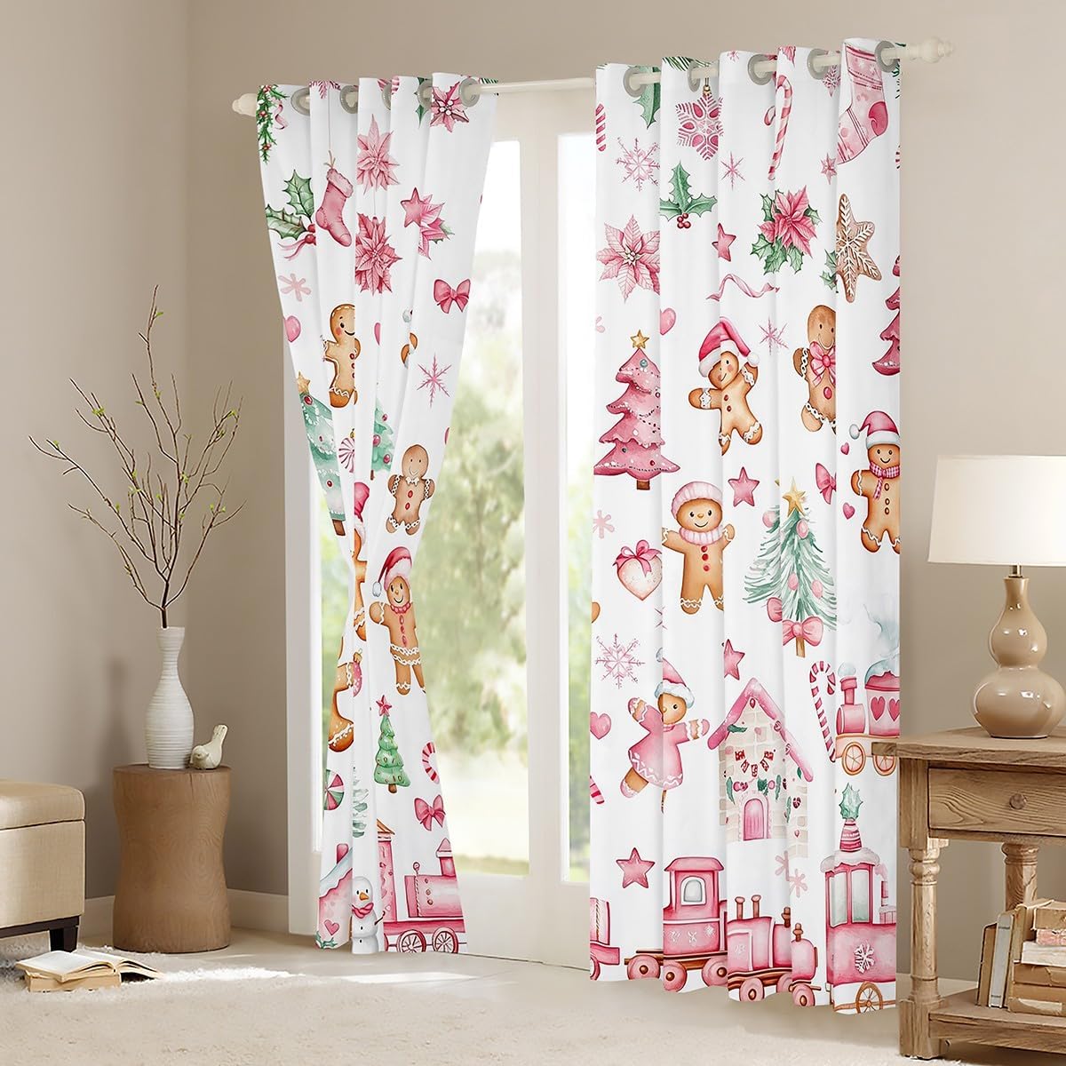 Manfei Merry Christmas Kids Blackout Curtain,Cute Snowman Xmas Trees Gingerbread Window Drapes for Girls Women,Pink Bowknot Steam Train White Window Treatments Grommet Top 2 Panel Set,52Wx96L inch