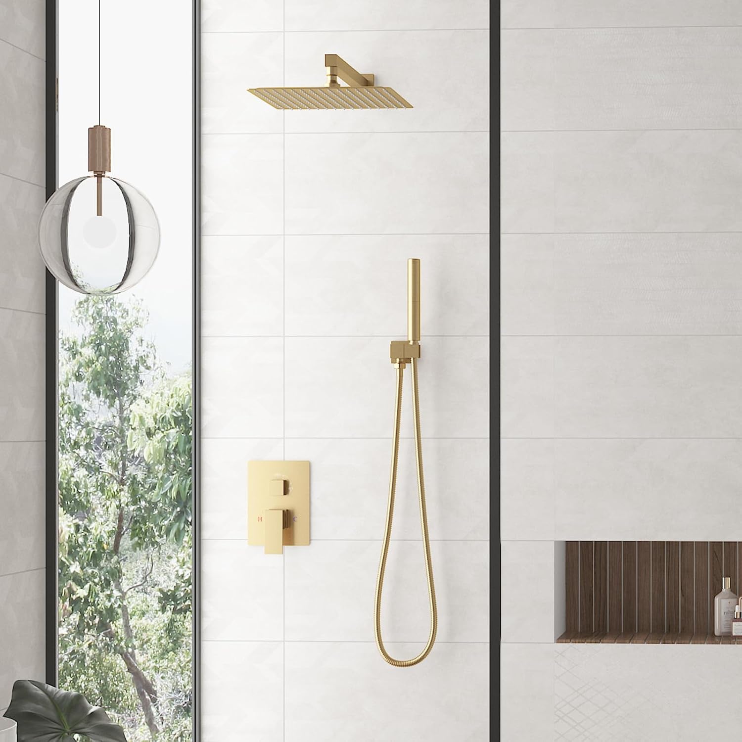 hoimpro shower system set with 12 inch bathroom rain mixer shower head and handheld wall mounted, rainfall shower faucet fixture combo with high pressure 2 in 1 handheld showerhead,  12 inch - without slide bar