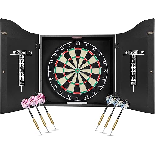 Bristle Dart Board Set, Professional Dart Board 18" with 6pcs 18g Darts Outdoor Dartboard Set, Compressed Sisal Metal Wire Board with Rotating Number Ring