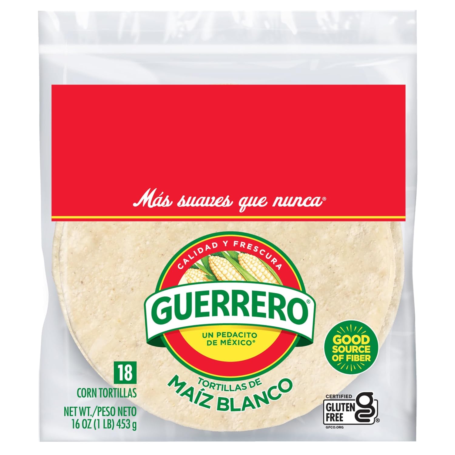Guerrero White Corn Tortillas - Gluten Free, Trans Fat Free, Soft Taco Size, 18 Count Pack