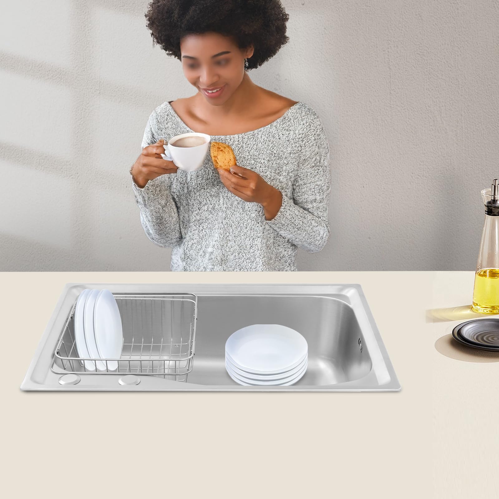 Fregadero cocina 65x44x20cm de acero inoxidable,empotrable,Fregadero Bajo Encimera o Sobre Encimera con escurridor y desagüe,Fregadero Acero 1 lavabo con protección contra rebosadero,color plateado