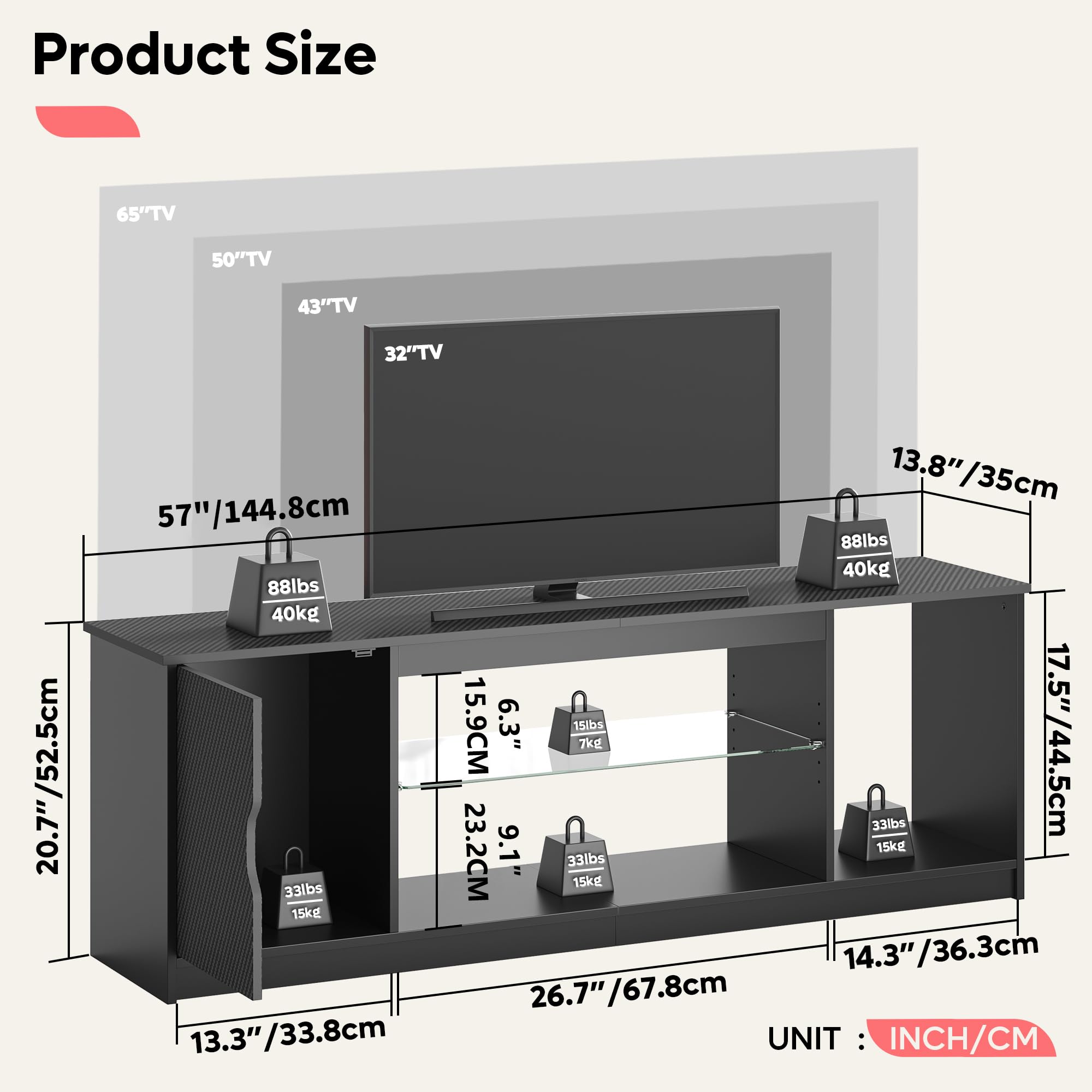 Bestier TV-Schrank 145x35x52 cm für Fernseher bis 65 Zoll mit RGB LED-Beleuchtung (22 Farben) & verstellbaren Glasböden - Lowboard für Wohnzimmer, Schlafzimmer (Schwarze Kohlefaser)