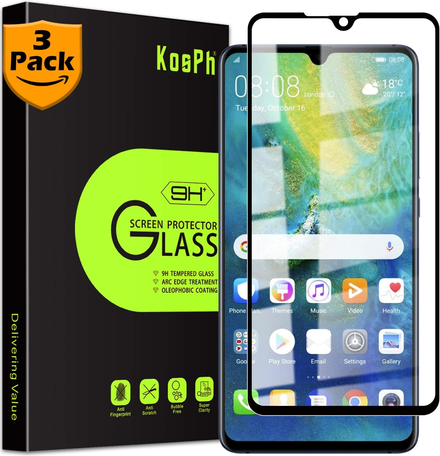 [3-Pack] KOSPH for Huawei Mate 20X Tempered Glass Screen Protector, 9H 2.5D Arc Edge Glass Film with Oleophobic Coating, Anti Scratch/Impact Absorption/High Clarity (Max Coverage, Black)