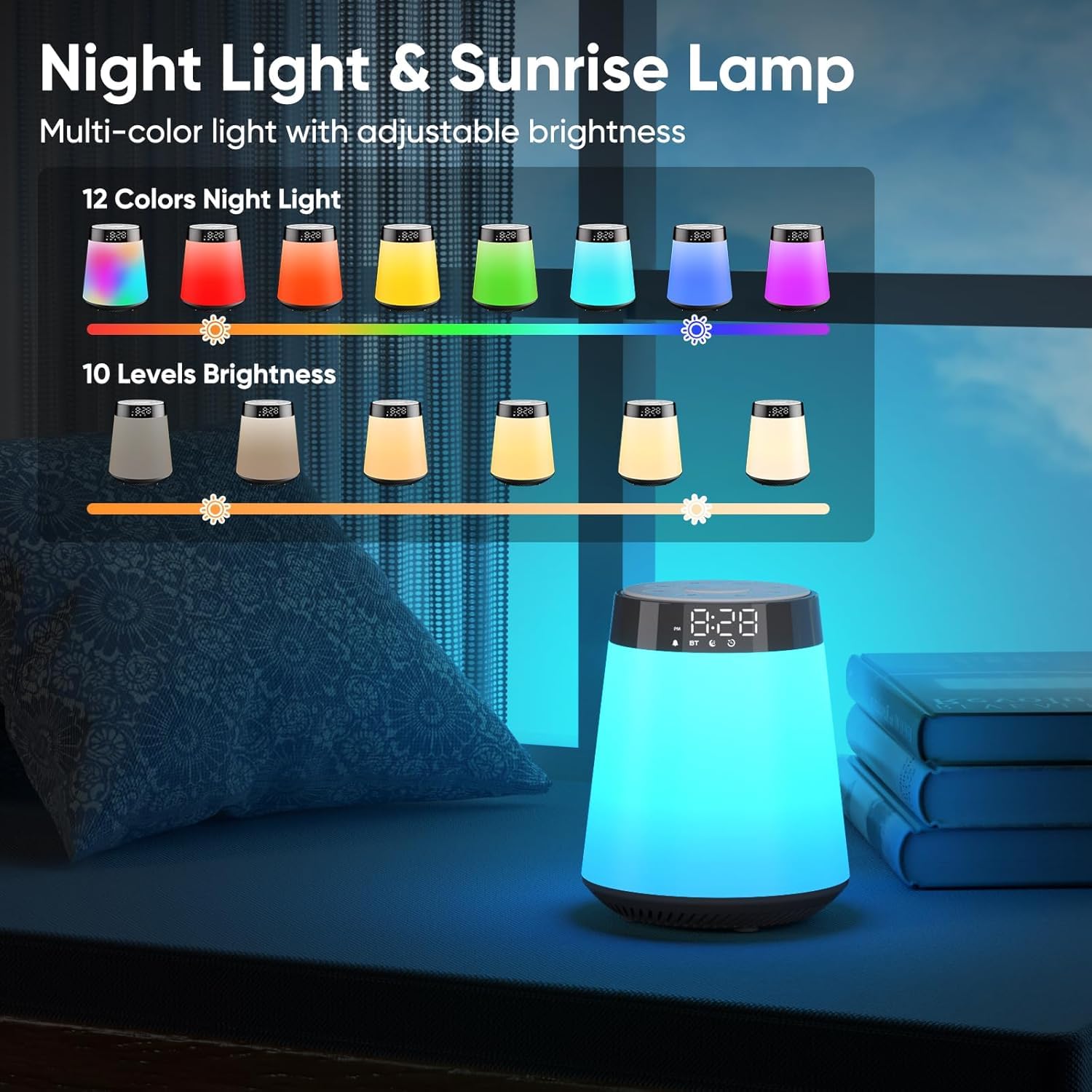 Sunrise - Sveglia con luce solare, con 30 suoni lenitivi, 12 luci notturne dimmerabili, con altoparlante Bluetooth digitale, per bambini, adolescenti, dormienti pesanti
