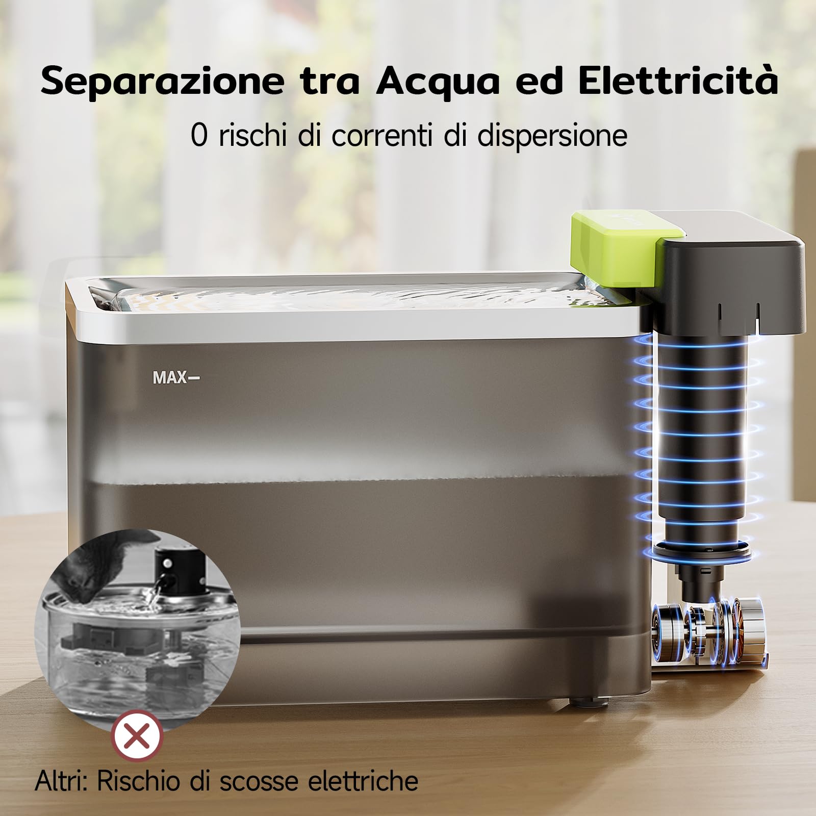 Amicura A3lite Fontanella per Gatti Ultrafiltrata, 3.3L Capacità, Disco in Acciaio 316, Filtrazione Tripla, Ultra Silenziosa (<25dB), Modalità Touch Cascata/Energia, Avviso di Mancanza d'Acqua -Nero