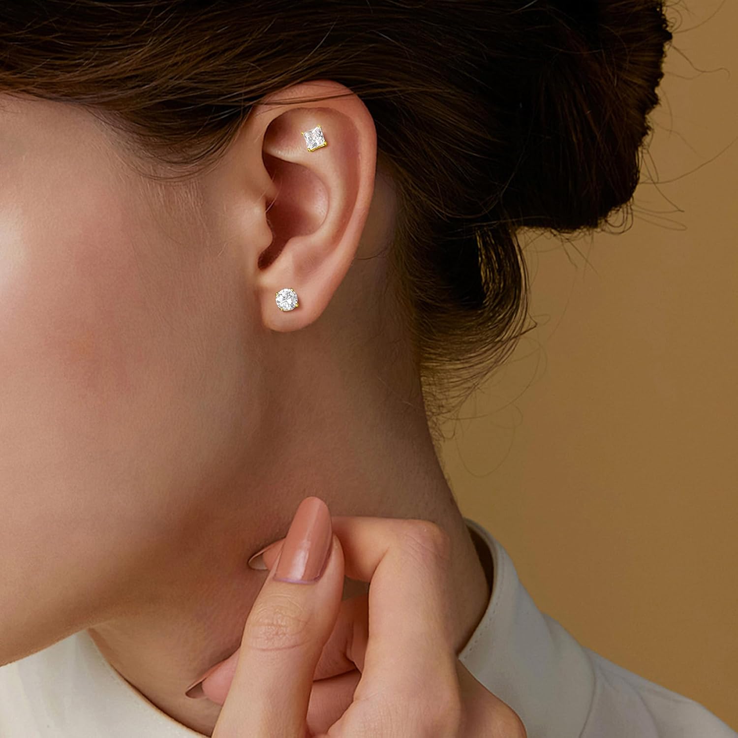 MDFUN Silver/Gold Stud Earrings for Women Men 316L Stainless Steel/Brass Hypoallergenic 2 Pairs Round & Square 5A+ Cubic Zirconia Earring Set Jewelry 3-7MM - Image 2