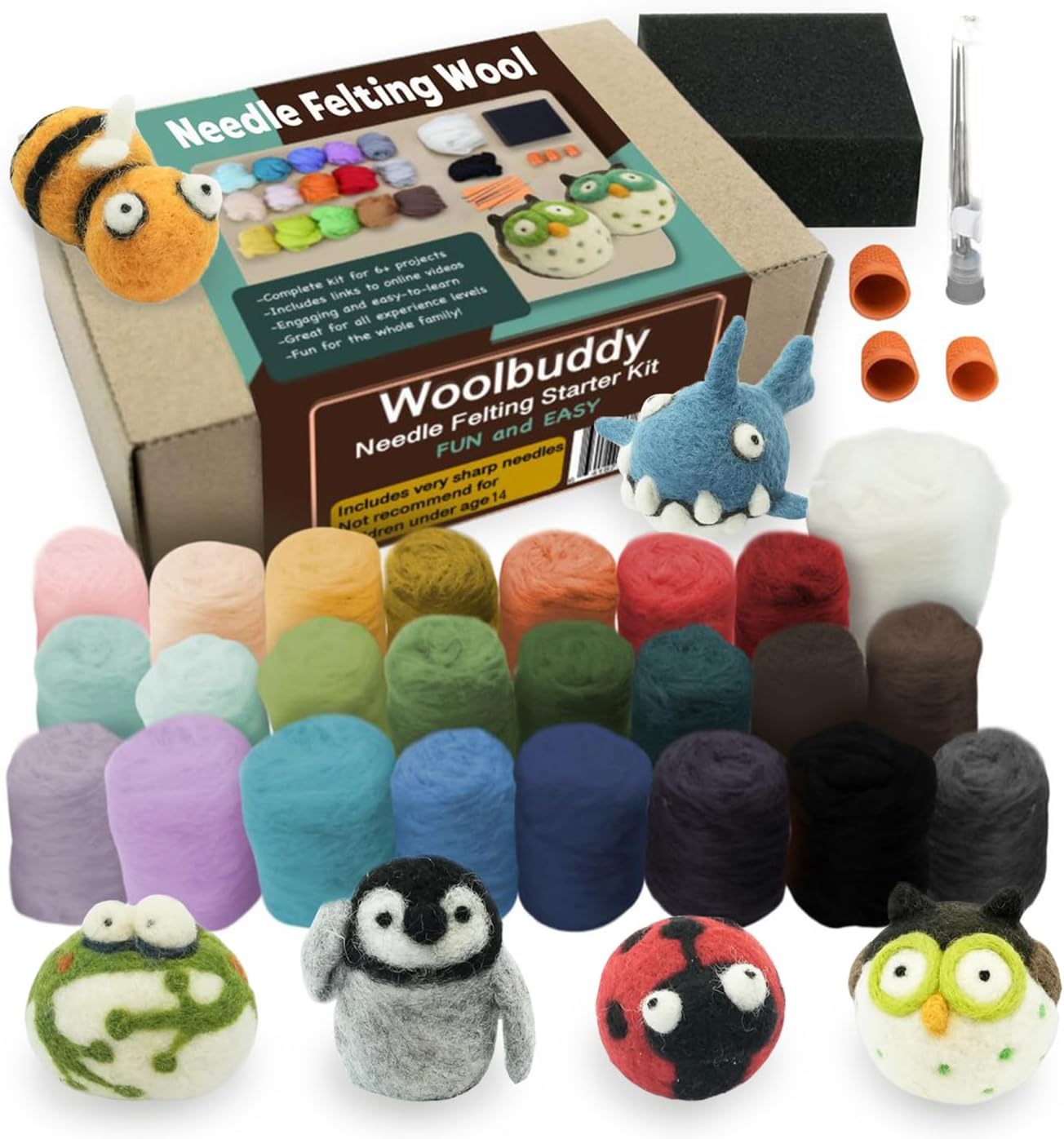 Needle Felting Kit Starter Set, 24 Colors, White Core Wool & Tool