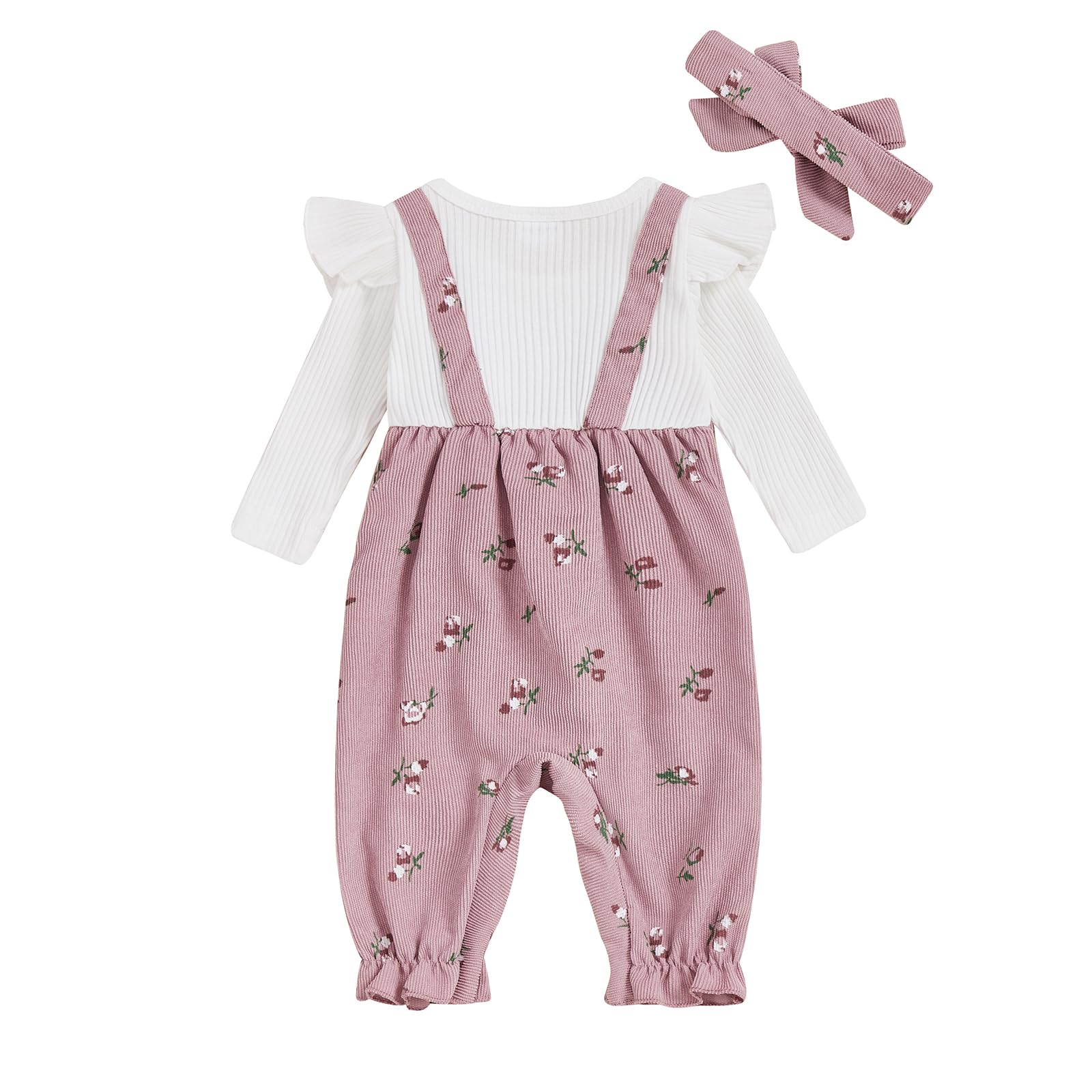 Sexy outfit Nowonarodzone dziewczynki Romper śliczny kwiatowy nadruk fałszywy dwuczęściowy kombinezon z długim rękawem z pałąkiem na głowę wiosenne jesienne ubrania
