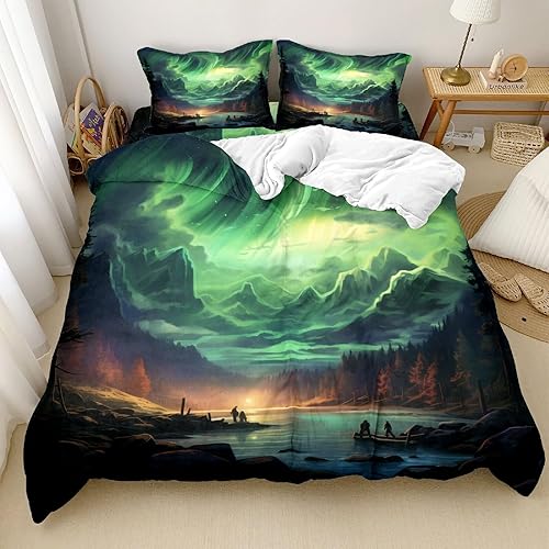 Miniatura 7 de Juego de ropa de cama Aurora 3D de terciopelo verde y morado, casas del bosque, lagos, aurora, paisaje natural, ropa de cama para niños y niñas con