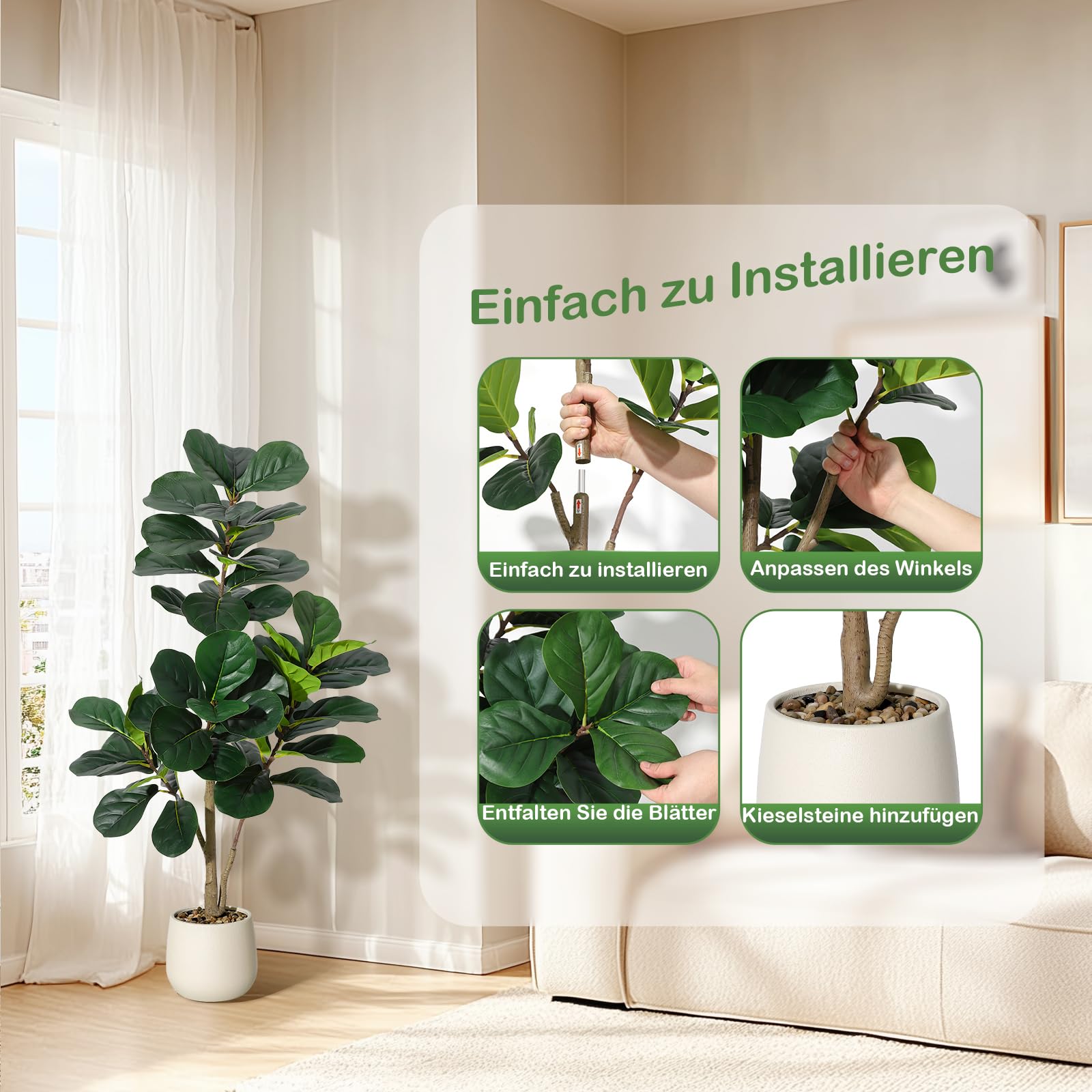 Garvee Kunstpflanze Fiddle Feigenbaum 120cm Künstliche Pflanzen Groß Mit Schotter Und Moos, Plastikpflanzen Mit Weiß Topf Und Schotter, Für Home Decor Zimmerdeko Schlafzimmer Dekoration