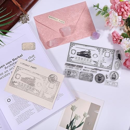 Miniatura 90 de GLOBLELAND Sellos transparentes de fondo de números vintage, sellos transparentes con estampado de palabras de flores, sellos transparentes