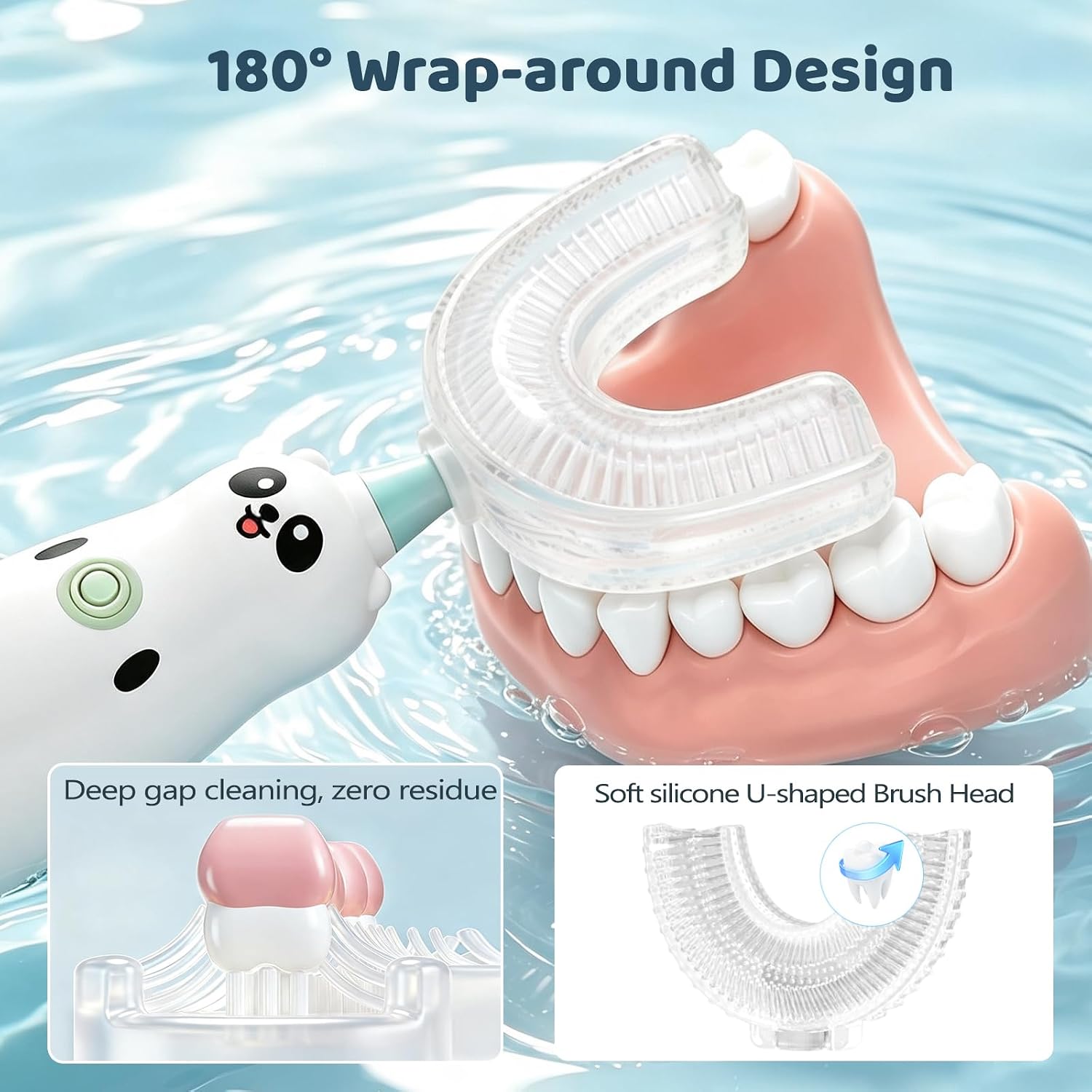 Kids Electric Toothbrush, U-Shaped Panda Design, Ages 2-7, Light Blue image 4