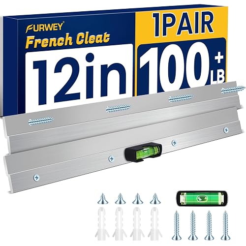 FURWEY Aluminum French Cleat with Screws, 12 Inch-1 Pair, Support 80 lbs | French Cleat, Picture and Mirror Hanger, Headboard Wall Mounting Brackets