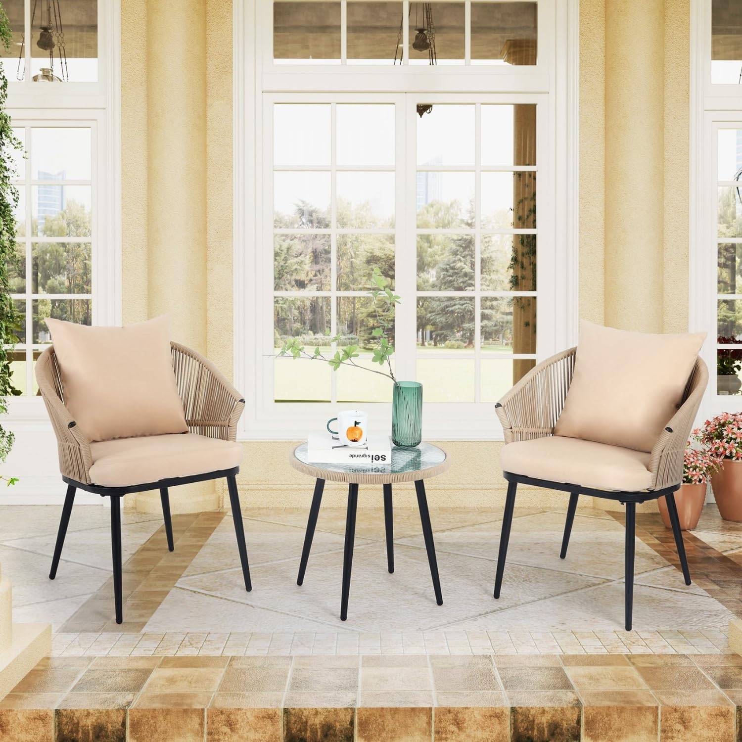 DEVOKO All Weather Outdoor Beige Rope Patio Set with Cream Cushion and Coffee Table for Garden, Deck, Lawn, Poolside