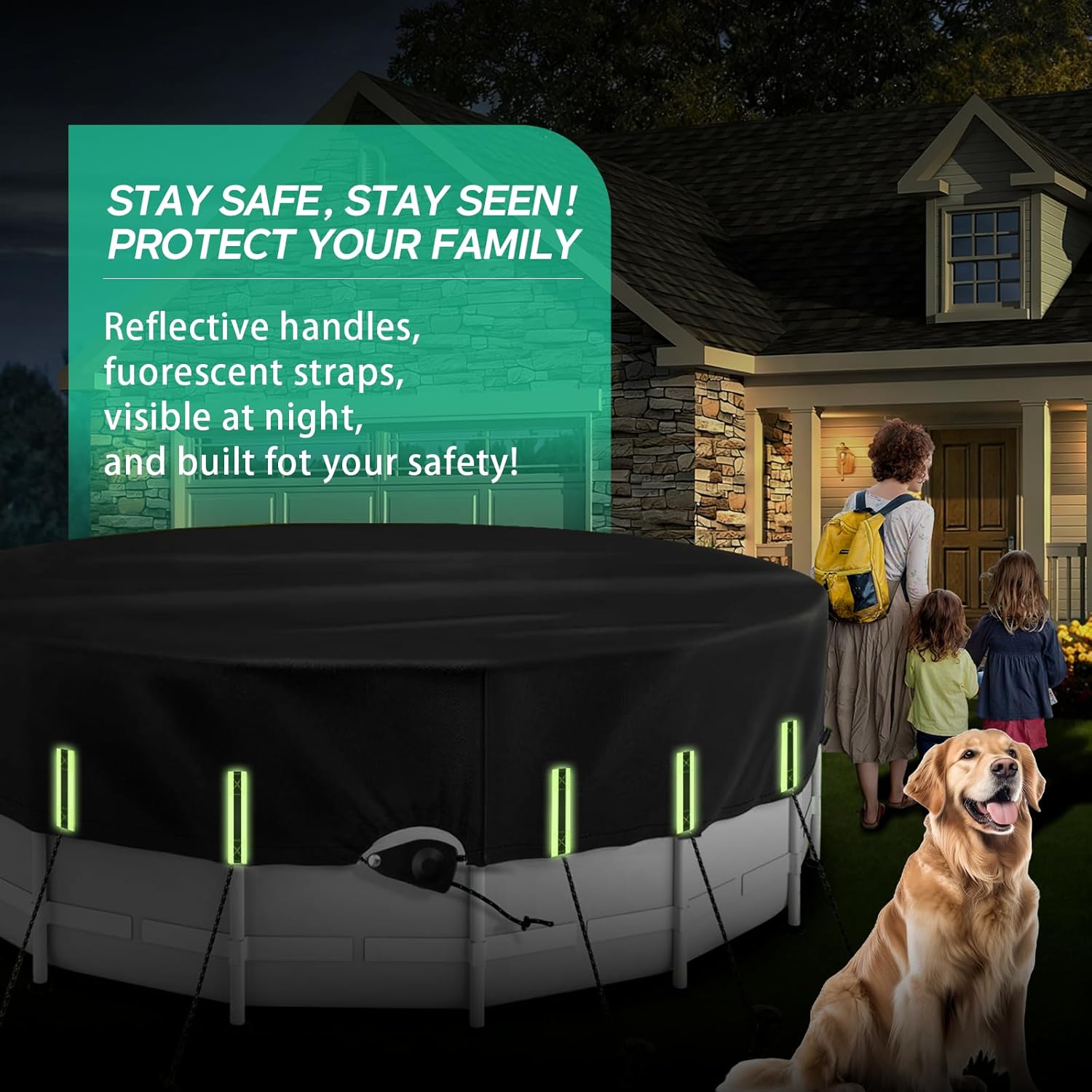 24 Ft Round Pool Cover with Reflective Strips Quick Tightening Ratchet UV Resistant One-Piece Oxford Cloth for Above Ground Swimming Pools, Tear Resistant Windproof