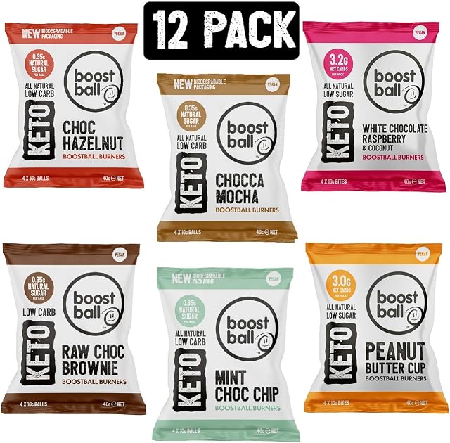 Boostballs Keto Snacks, 12 Pack Mixed Variety Bites, Low Carb & Sugar, Vegan, Gluten Free, 100% Natural, 6 Flavours Pack of 12 x 40g